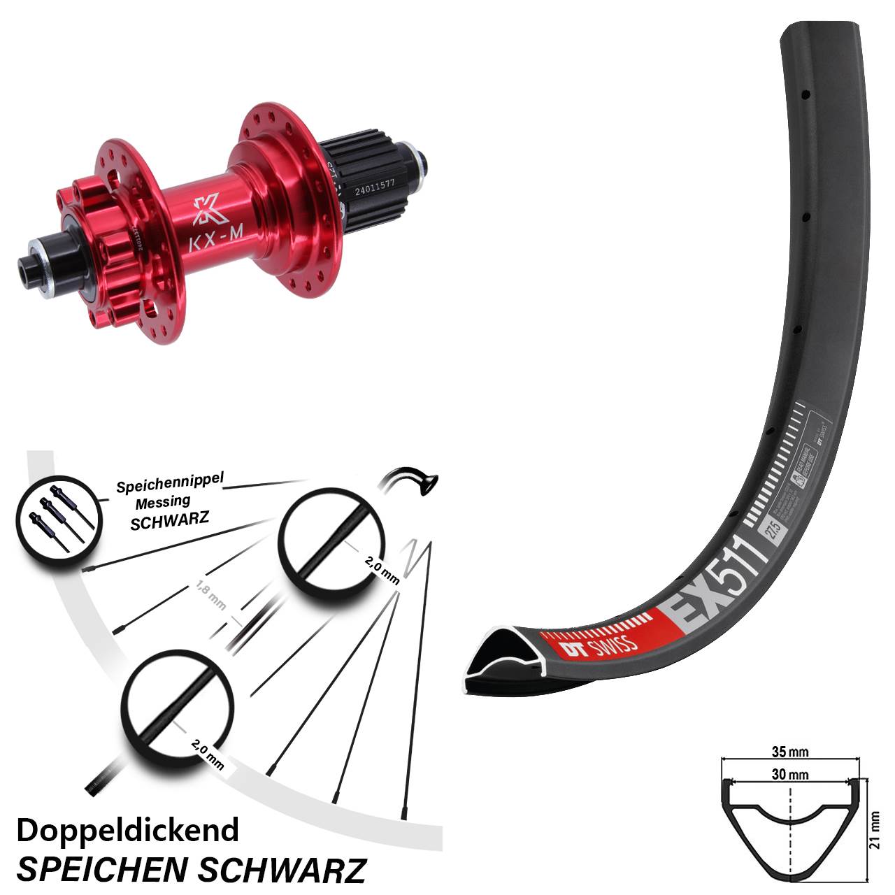 6-Loch Hinterrad 29 Zoll DT Swiss EX 511 KX-M rot Shimano Micro Spline QR