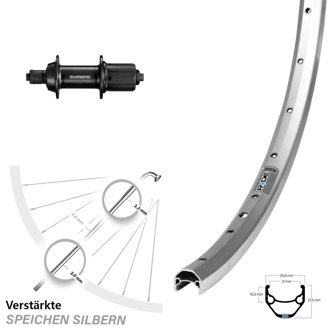 Laufrad 27,5 Zoll Ryde ZAC 421 silbern Shimano FH-TY500 schwarz 7 fach