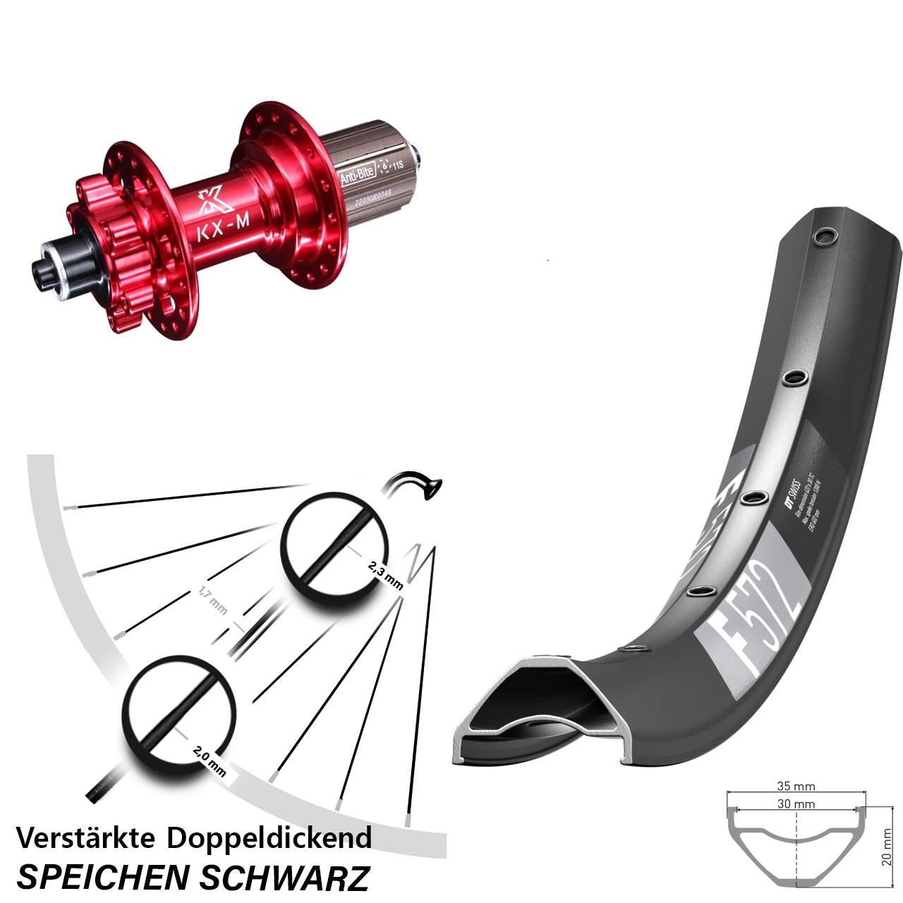 DT Swiss F572 KX-M rot 650B 6-Loch Hinterrad QR 8-12 fach