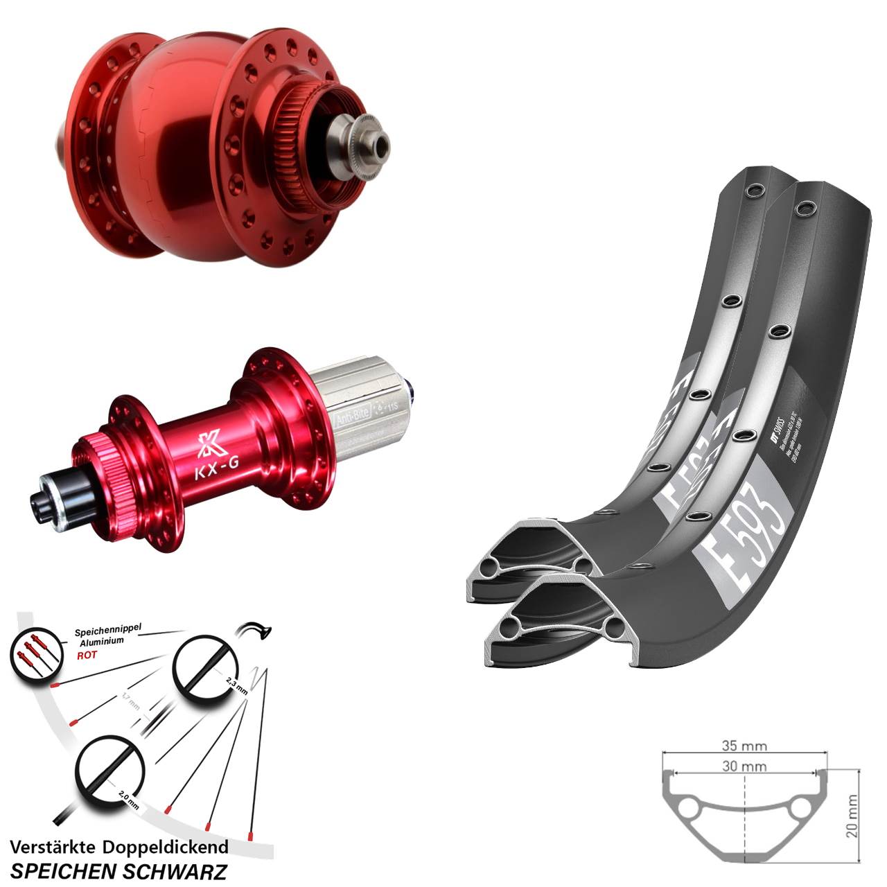 29 Zoll DT Swiss E 593 KX-G rot SONdelux Disc Laufradsatz für Schnellspanner 8-12 fach