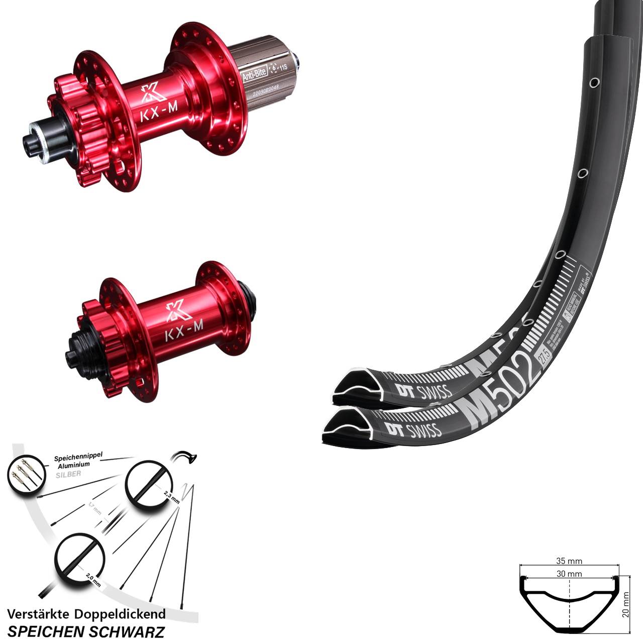 DT Swiss M 502 KX-M rot 29 Zoll Disc Laufrad-Satz QR 8-12 fach HG