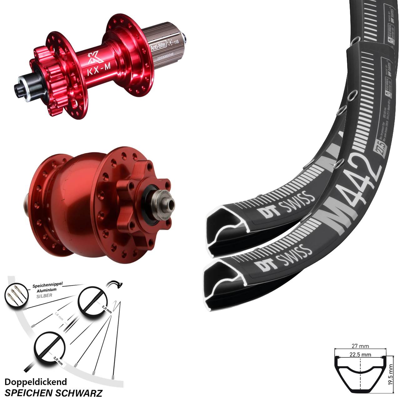 Laufrad-Satz QR 29 Zoll DT Swiss M 442 KX-M rot Disc 6-Loch SON 28 8-12 fach