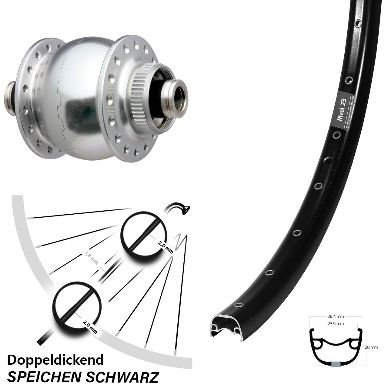 650B Ryde Rival 23 SON 28 Disc Nabendynamolaufrad 12x100