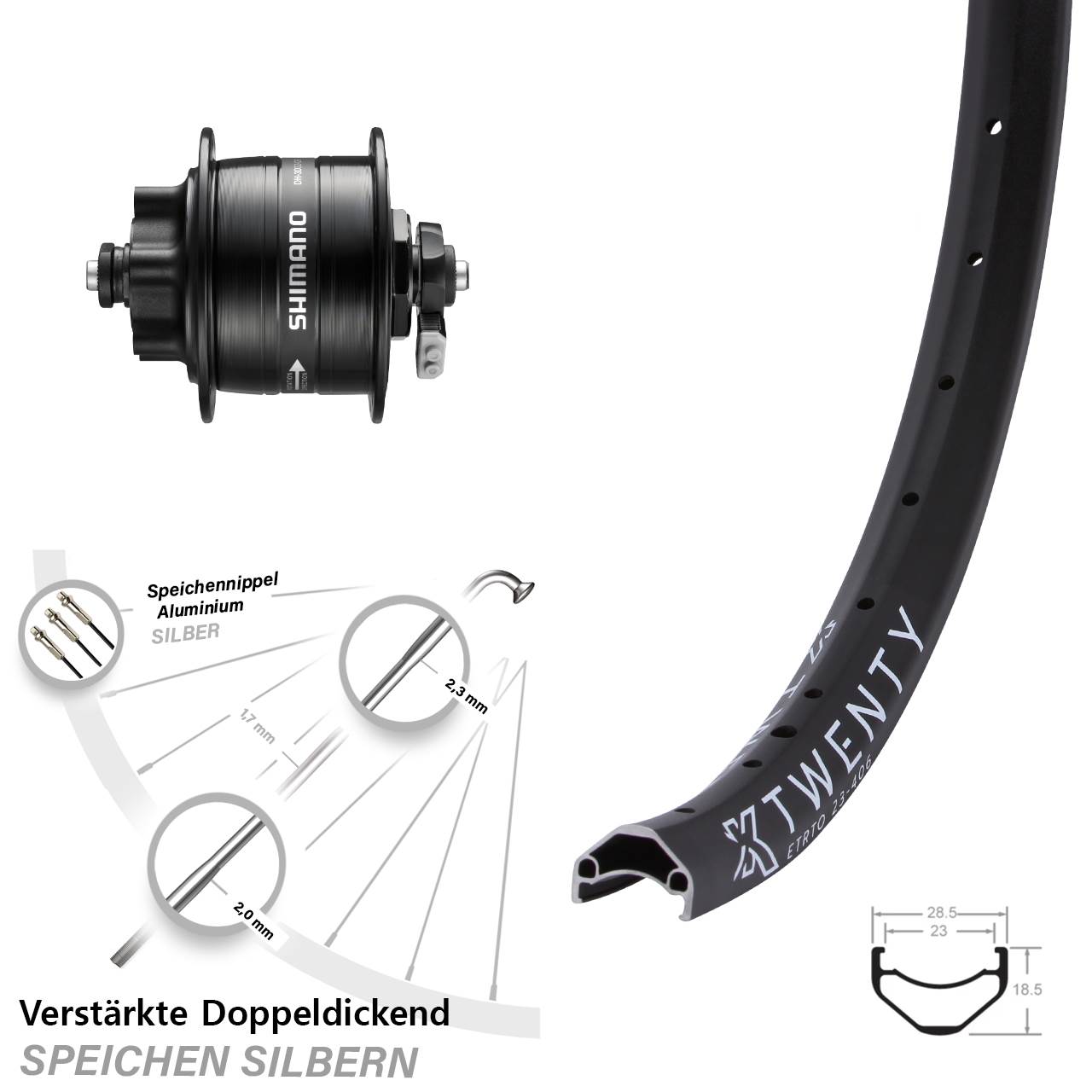 20 Zoll KX Twenty Shimano DH-3D32 Disc Nabendynamolaufrad für Schnellspanner