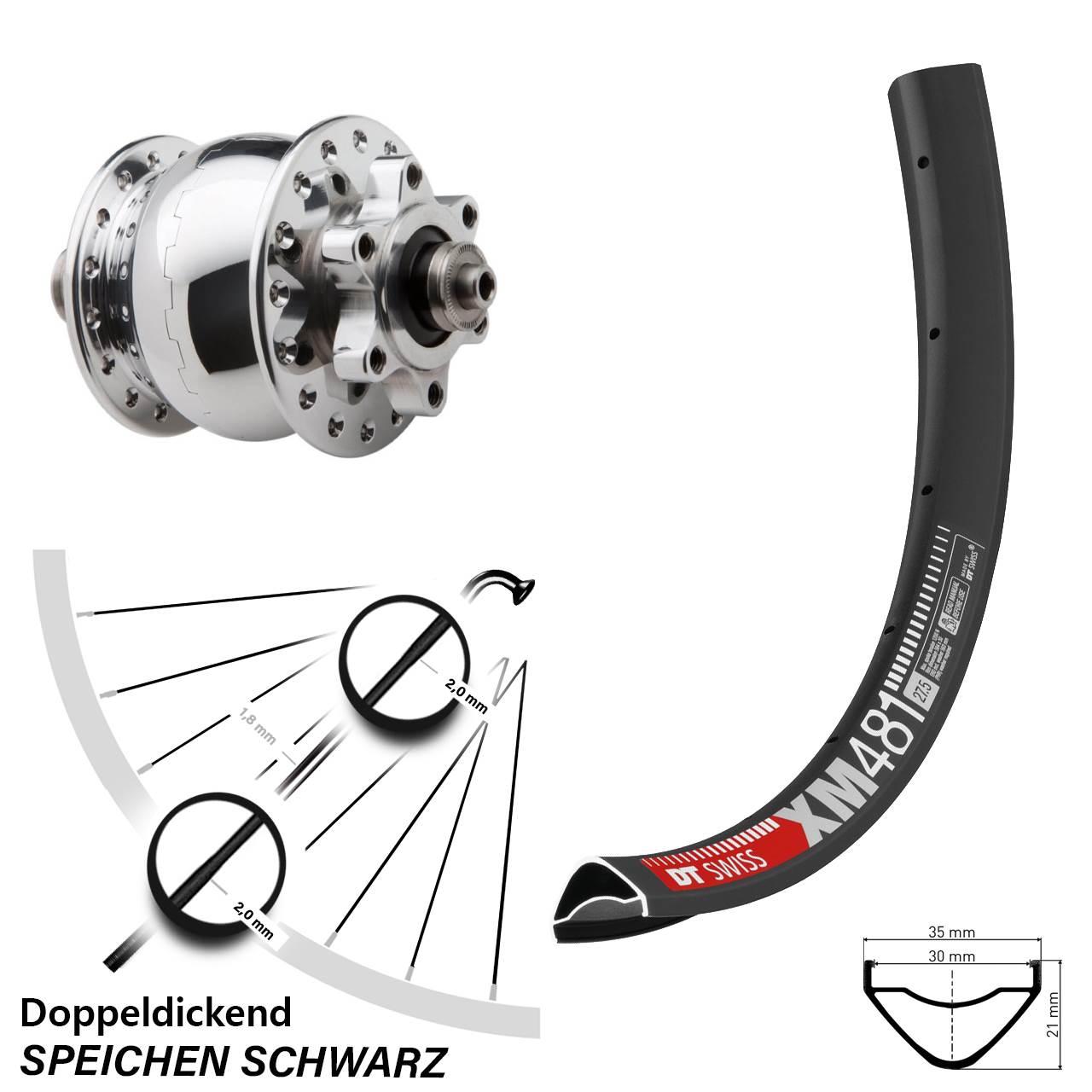 6-Loch Dynamo-Vorderrad 27,5 Zoll DT Swiss XM481 SON 28 poliert für Schnellspanner