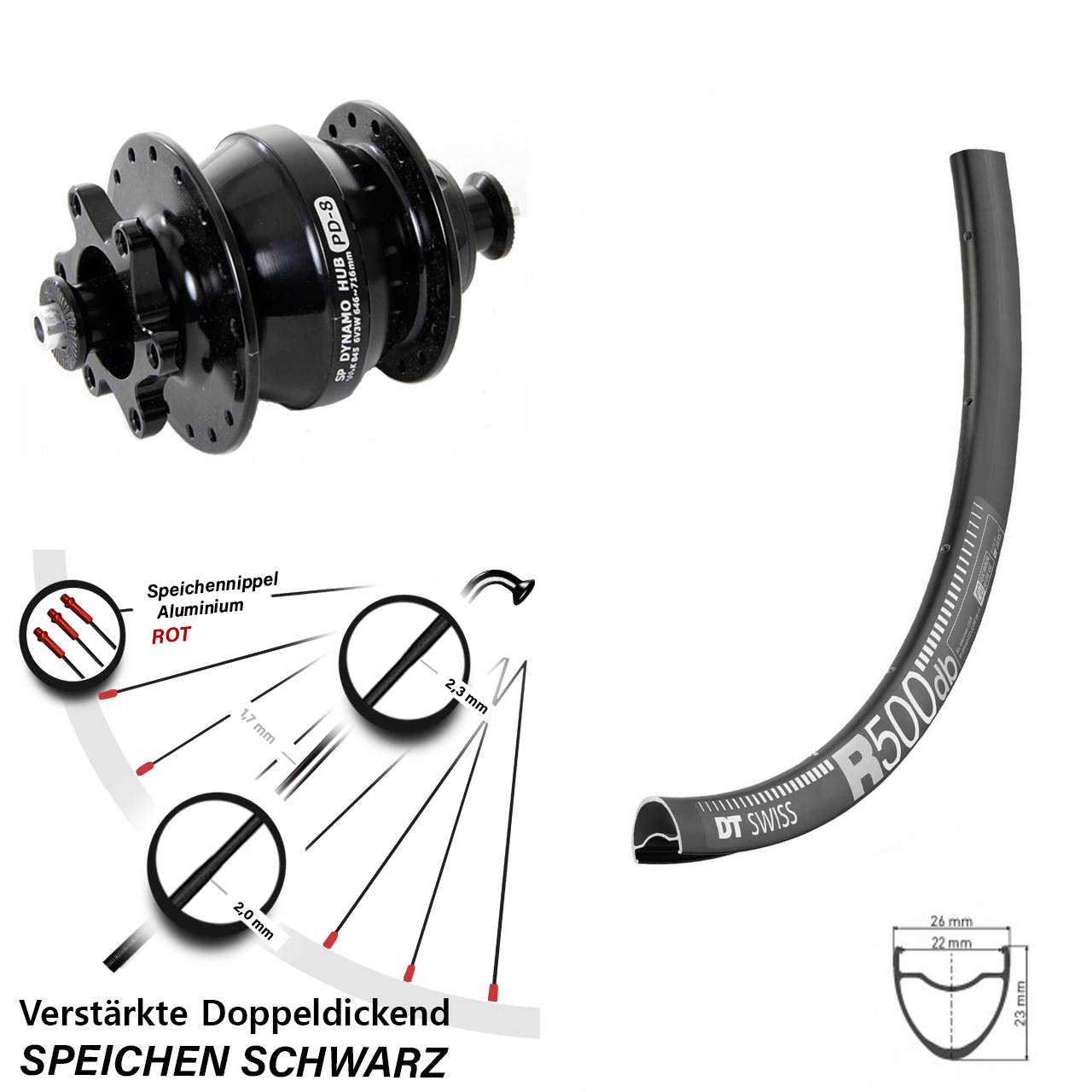 DT Swiss R 500 Shutter PD-8 28-29 Zoll Disc Vorderrad mit Nabendynamo für Schnellspanner