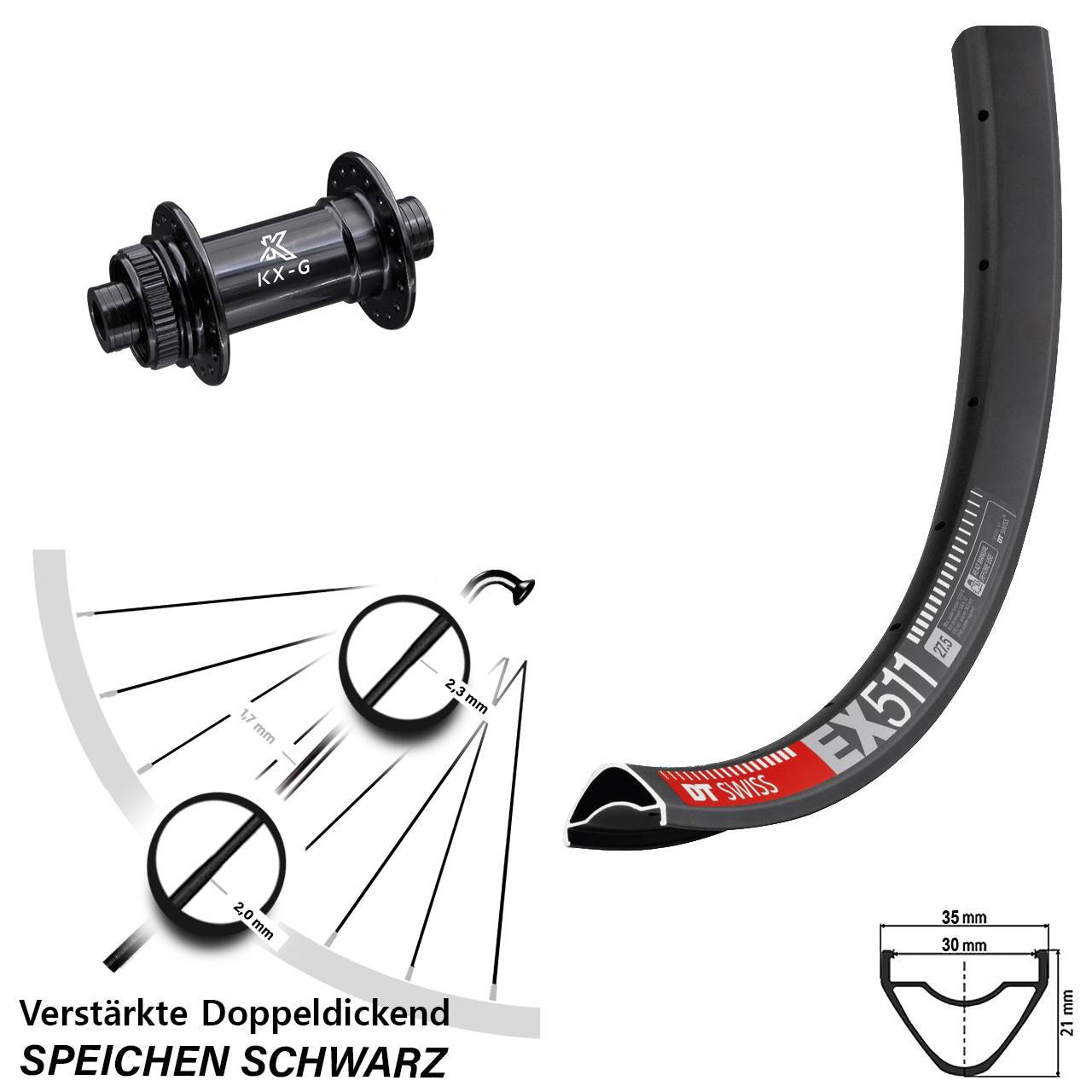 verstärktes 29 Zoll Vorderrad DT Swiss EX 511 mit KX-G Steckachse 15x100 Nabe