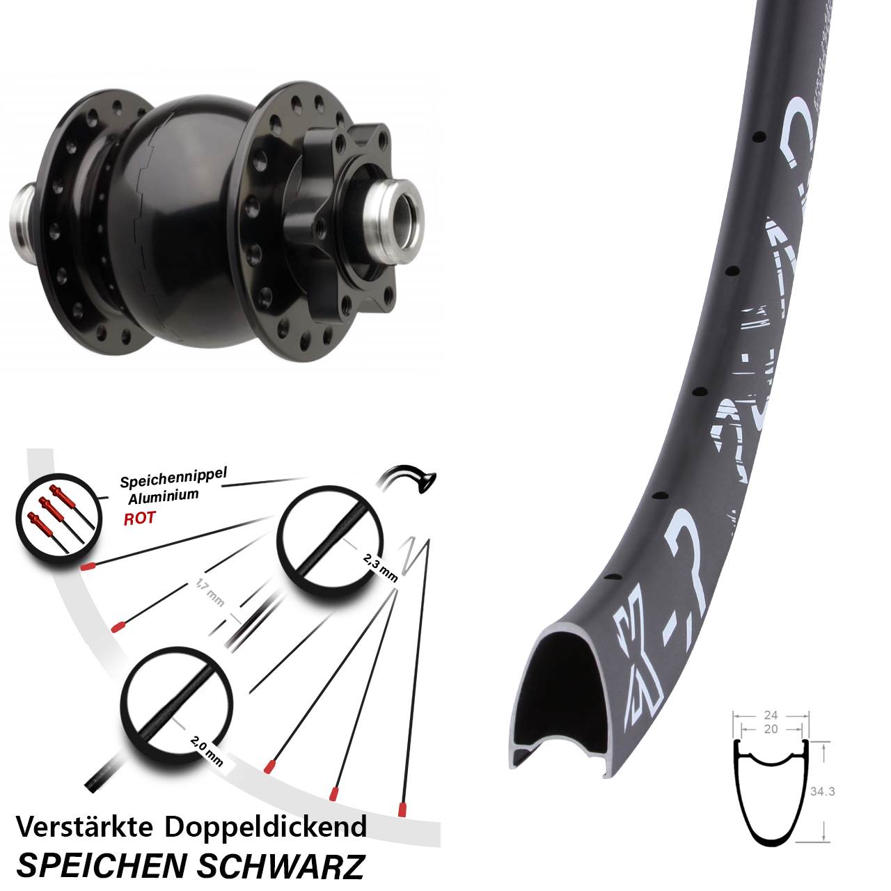 Vorderrad Bikepacking Dynamo SON 28-12 Boost KX-R Road 28 Zoll 6-Loch