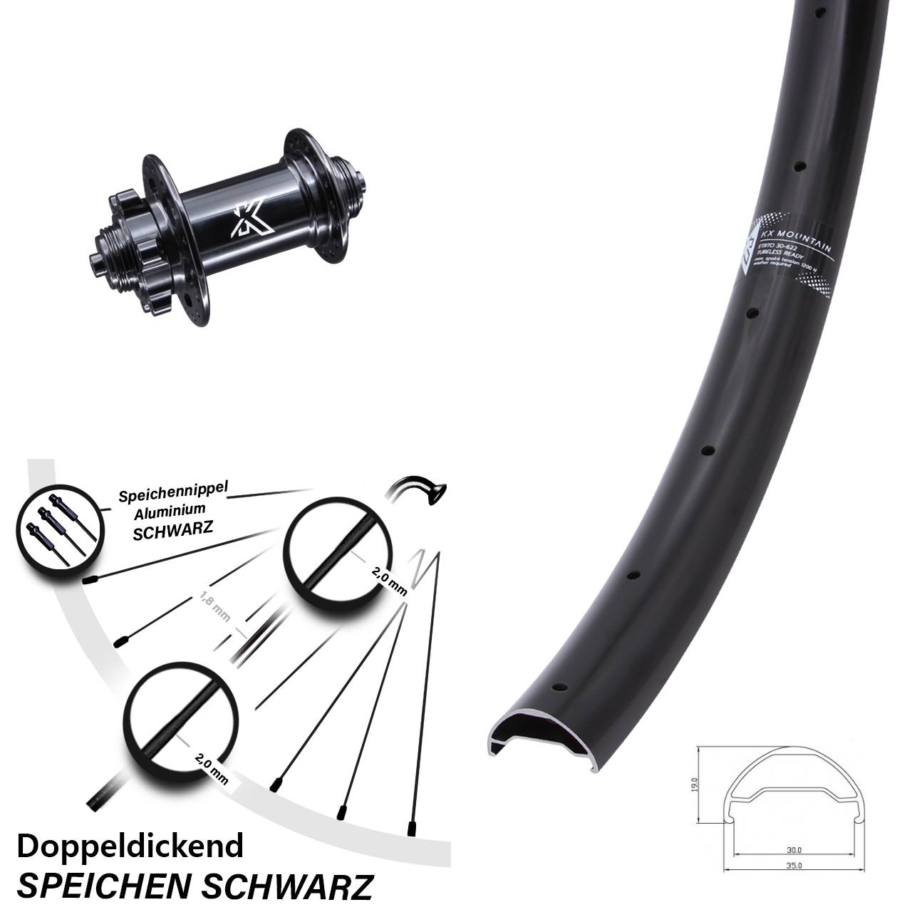 Leichtes breites Vorderrad 29 Zoll KX-Mountain TR 5x100 6-loch