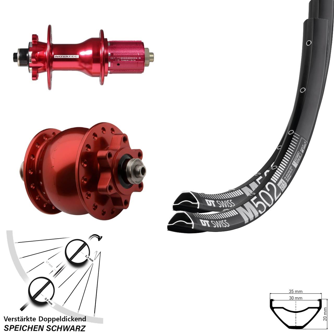 Laufradsatz 29 Zoll DT Swiss M502 Novatec D792 Disc 6-Loch SON 28 rot 8-12 fach HG QR