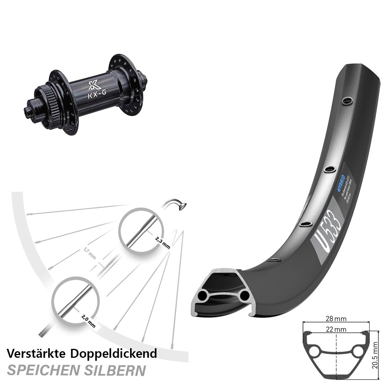 DT Swiss U533 KX-G 28-29 Zoll Disc Laufrad für Schnellspanner