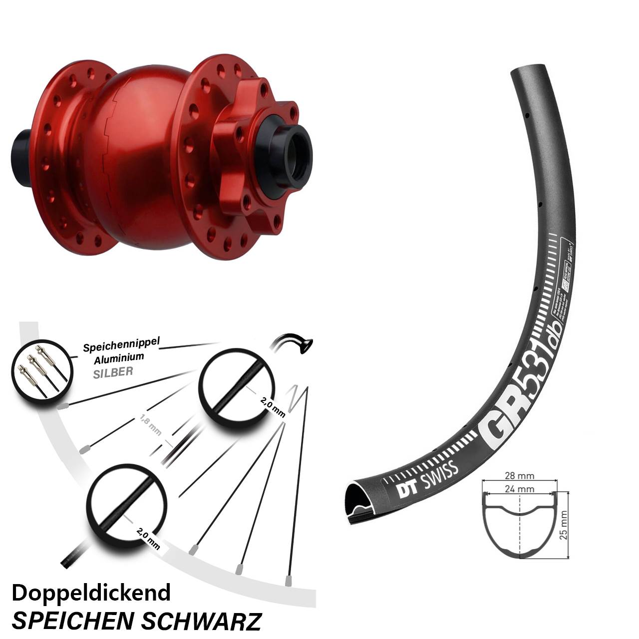 28-29 Zoll DT Swiss GR 531 SON 28 rot 6-Loch Nabendynamovorderrad 15x110 Boost