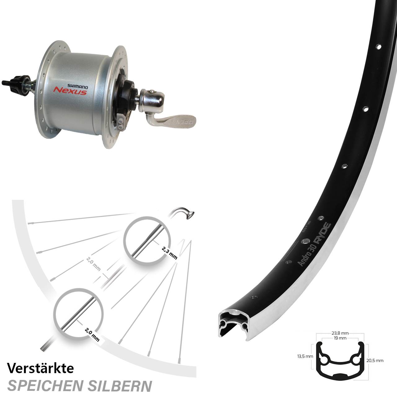 Vorderrad mit Nabendynamo QR 26 Zoll Ryde Andra 30 Shimano DH-C6000-3R