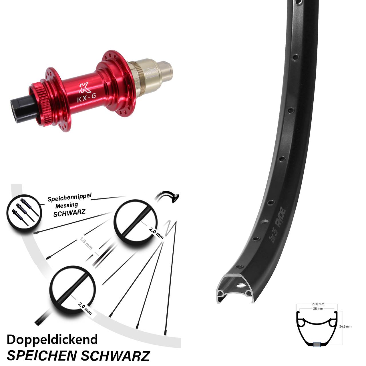 Hinterrad 28-29 Zoll Ryde ZAC 25 KX-G Centerlock 12x142 XDR rot
