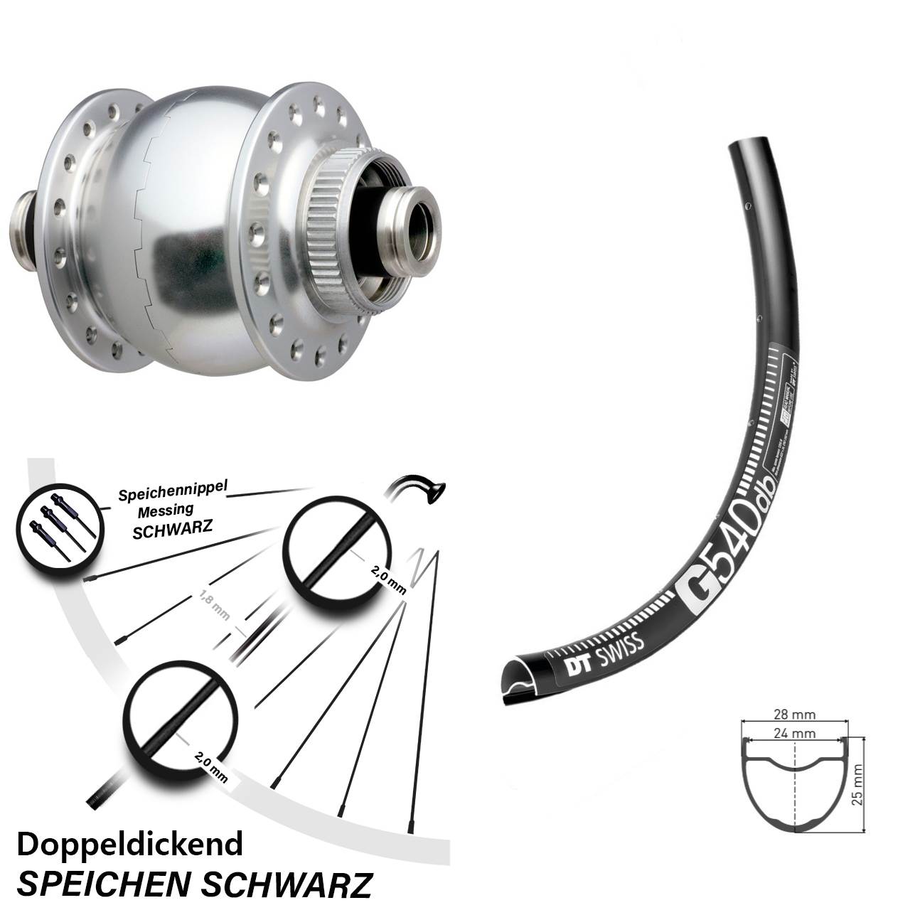 Nabendynamo Vorderrad Son 28 Zoll 12x100 Centerlock silber DT Swiss G540