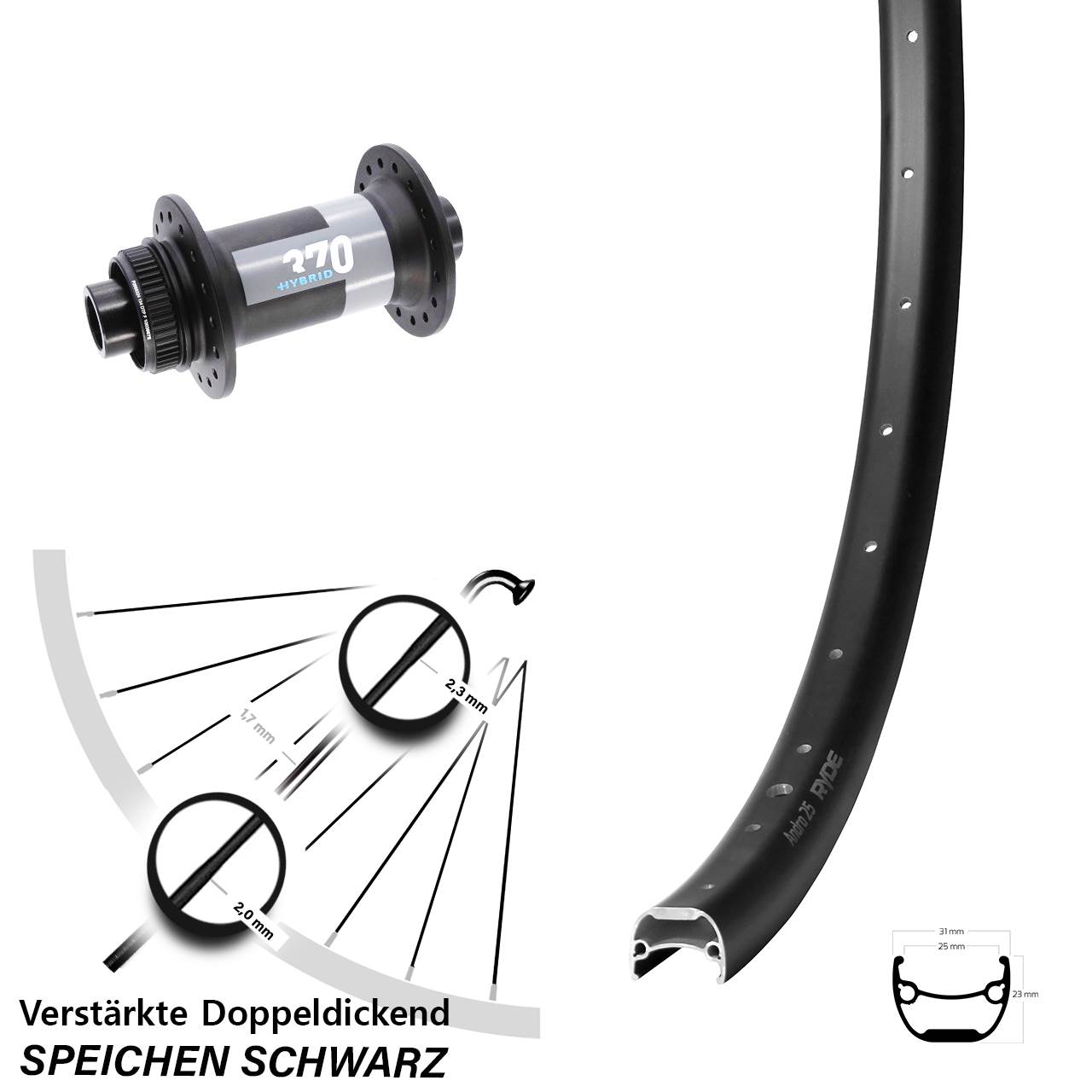Boost Vorderrad Centerlock 15x110 28-29 Zoll Ryde Andra 25 DT Swiss 370 Hybrid