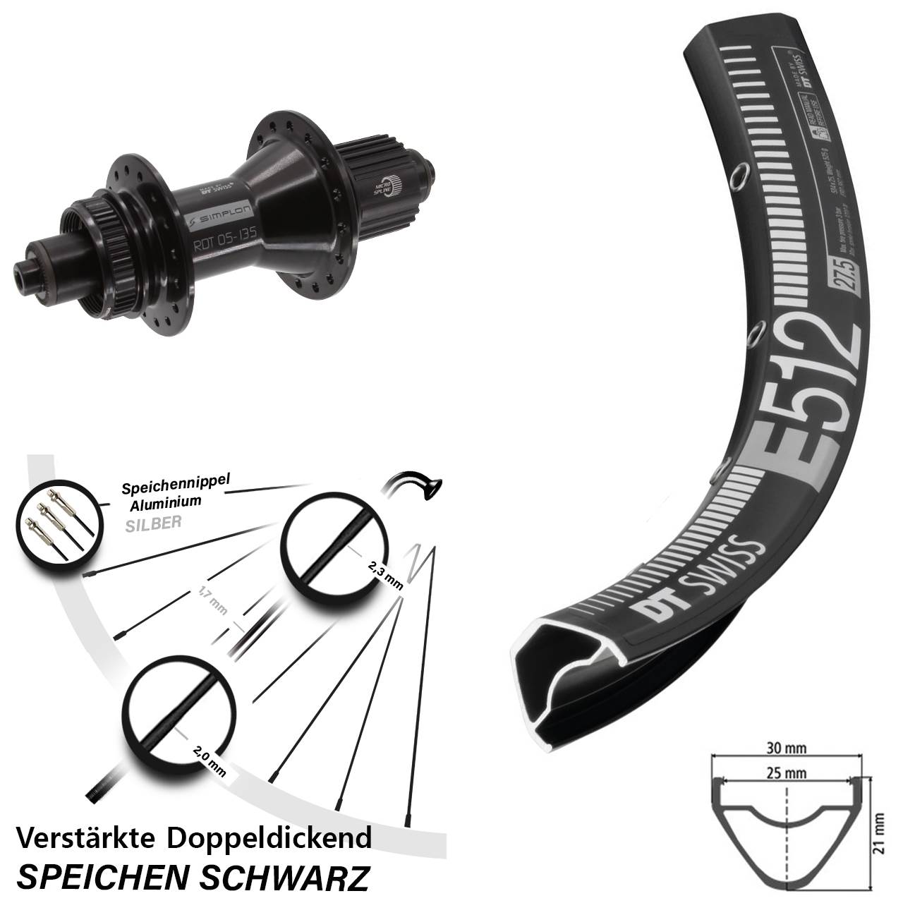 DT Swiss E512-370 Hybrid 650B Disc Laufrad für Schnellspanner Shimano Micro Spline