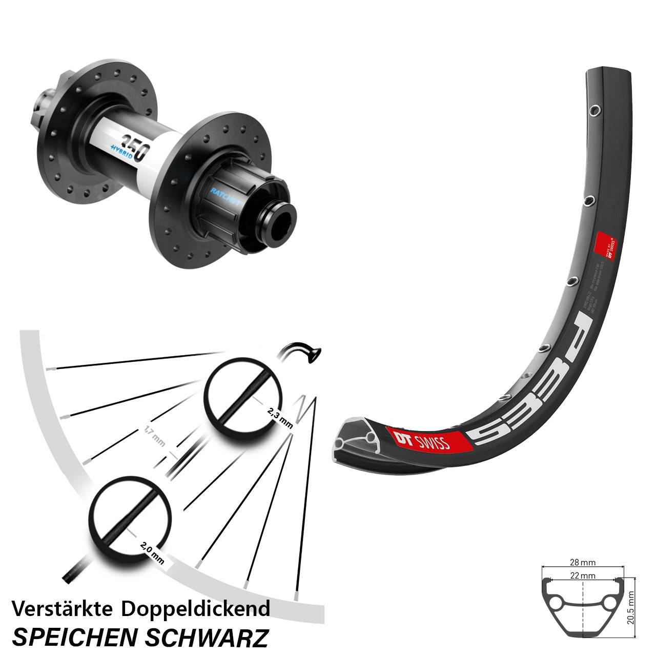 Laufrad 27,5 Zoll DT Swiss 533D Disc 350 Hybrid Singlespeed 12x142 6-Loch