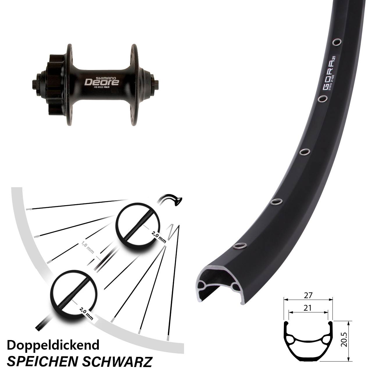 Gora 21 Shimano Deore HB-M525 28-29 Zoll Vorderrad 6-Loch QR