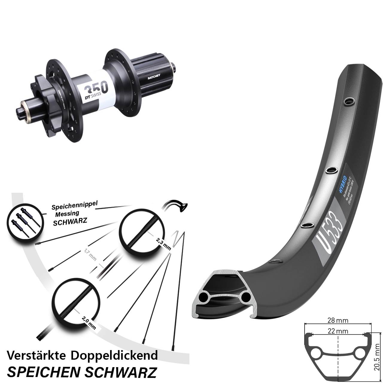 DT Swiss U 533-350 26 Zoll Disc Laufrad für Schnellspanner 8-11 fach