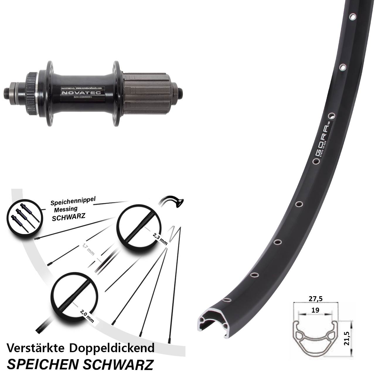 Disc Hinterrad 27,5 Zoll Gora 19 Novatec D472 8-12 fach für Schnellspanner