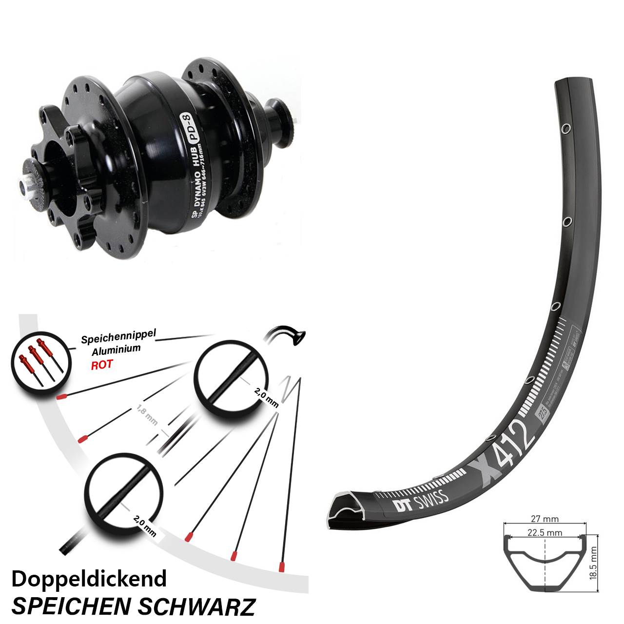 Disc 29 Zoll Vorderrad mit Nabendynamo DT Swiss X 412 Shutter PD-8 für Schnellspanner