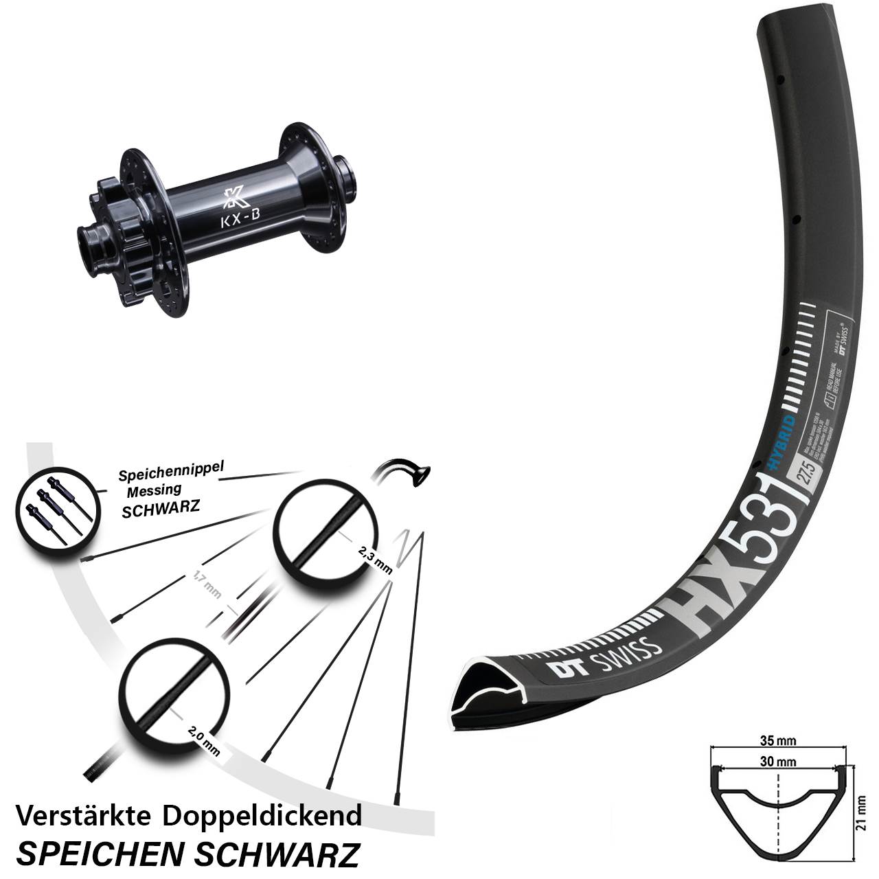 KX-B 15x110 mm 6-Loch DT Swiss HX 531 Vorderrad 29 Zoll E-Bike Boost