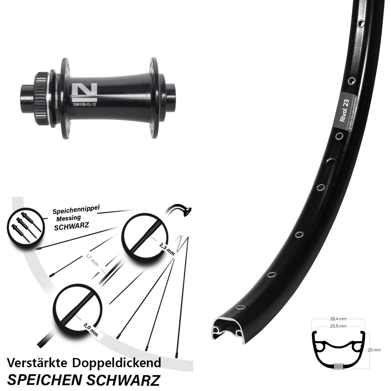 Disc Laufrad 12x100 650B Ryde Rival 23 Novatec D981