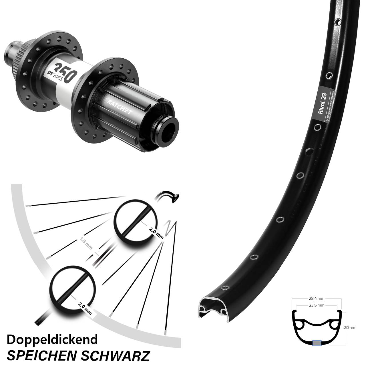 650B Ryde Rival 23 DT Swiss 350 Hinterrad Centerlock 12x142 8-11 fach