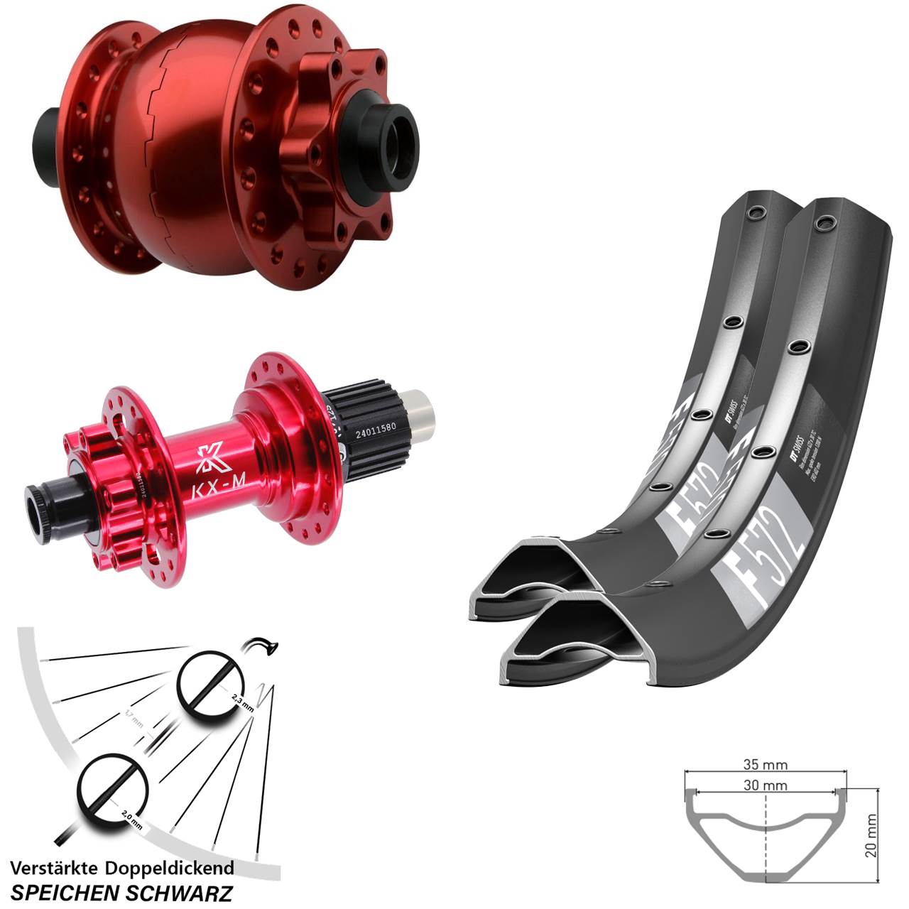Disc Laufradsatz 15x100 12x142 29 Zoll DT Swiss F572 KX-M rot SON 28 Shimano Micro Spline