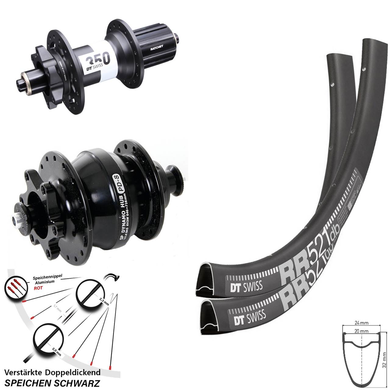 DT Swiss RR 521 350 Shutter PD-8 28 Zoll Disc Laufrad-Satz QR 8-11 fach schwarz