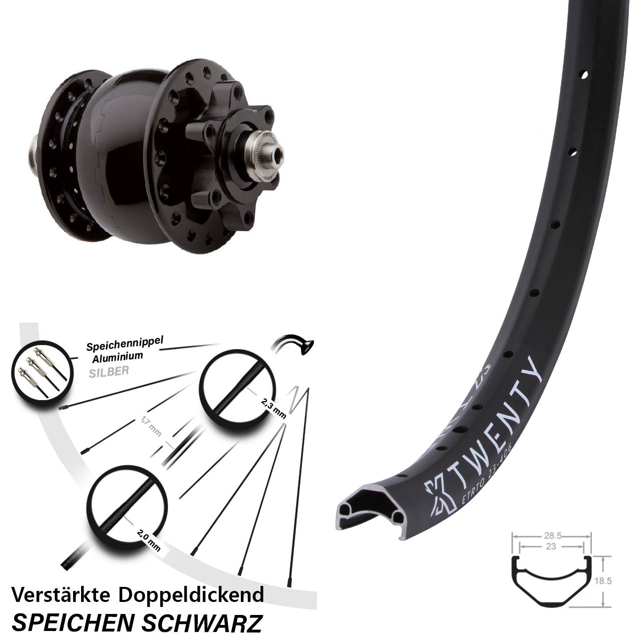 Vorderrad Nabendynamo SON 28 schwarz KX Twenty 20 Zoll 6-Loch verstärkt