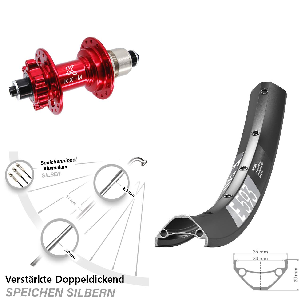 DT Swiss E593 KX-M rot 29 Zoll 6-Loch Hinterrad für Schnellspanner SRAM XD
