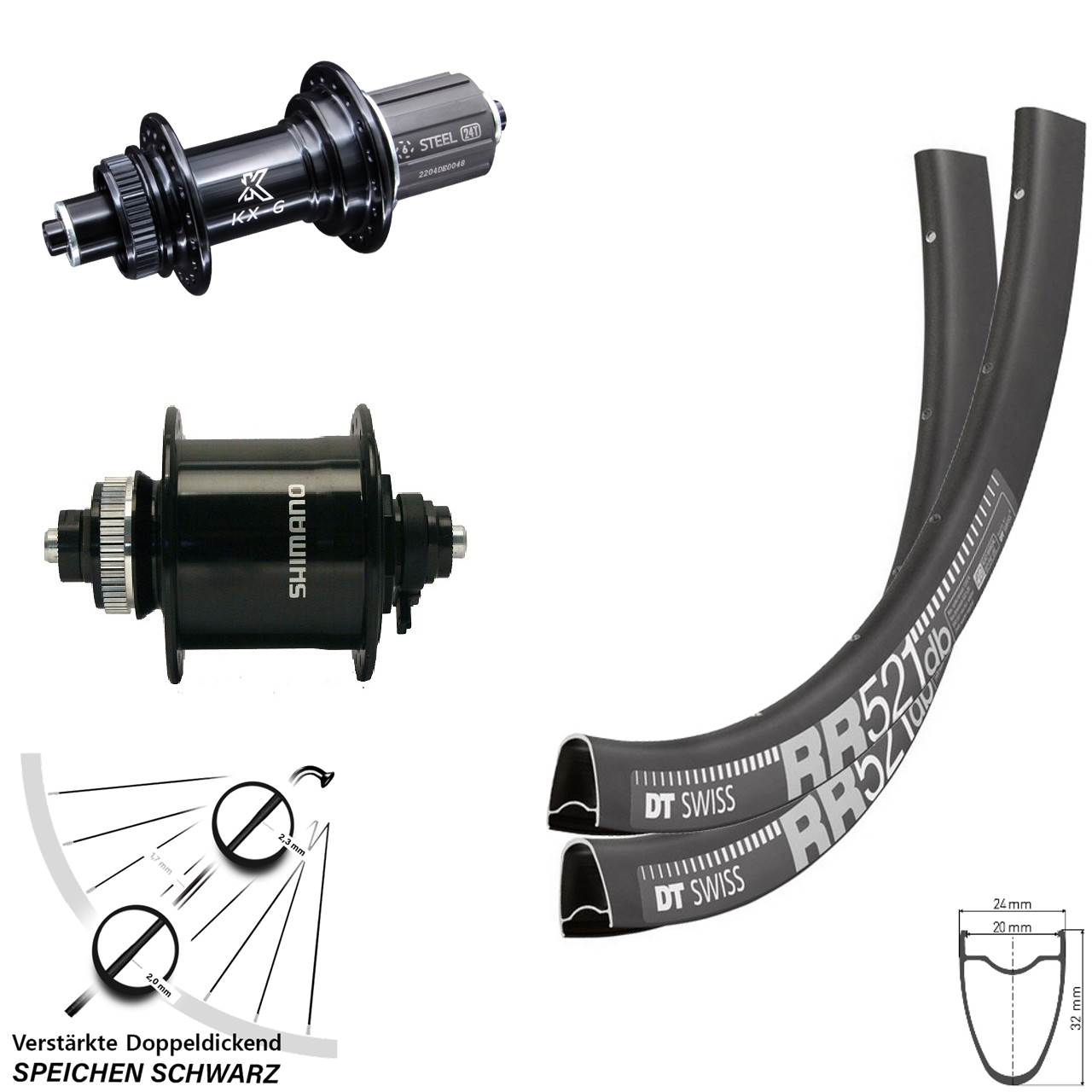 DT Swiss RR 521 KX-GS verstärkt Shimano DH-UR700-3D 28 Zoll Disc Laufrad-Satz QR 8-12 fach