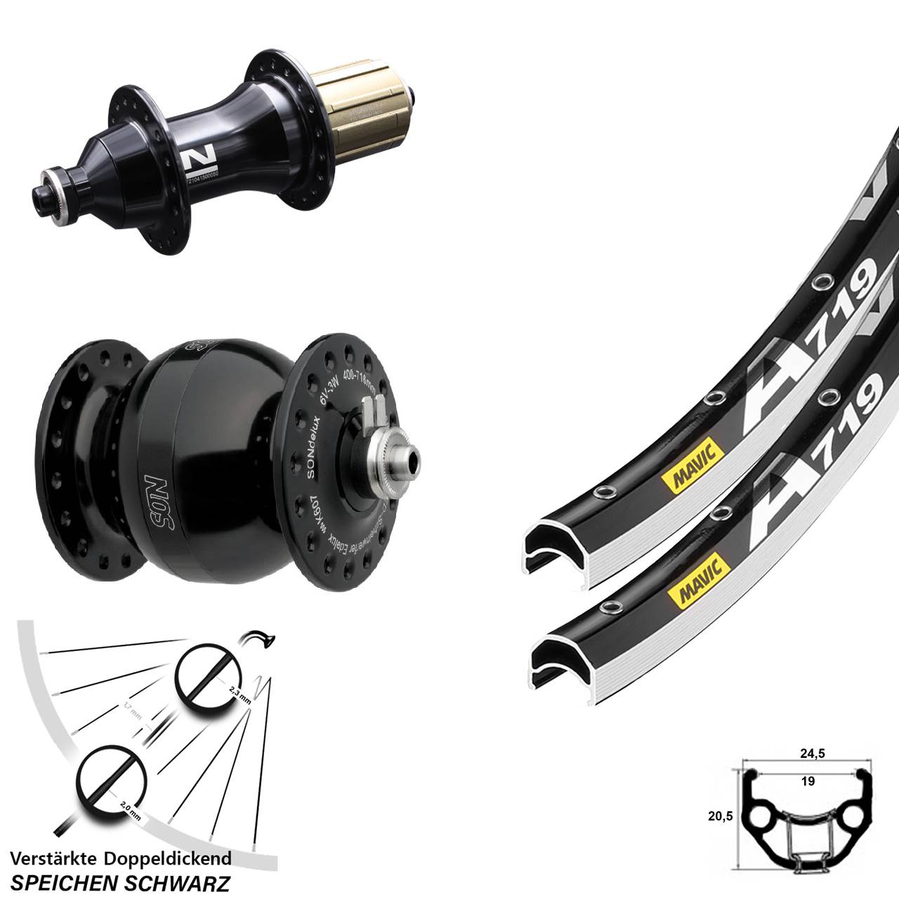 Mavic A 719 Novatec F-162SB SON delux wide body 28 Zoll Laufrad-Satz 8-12 fach