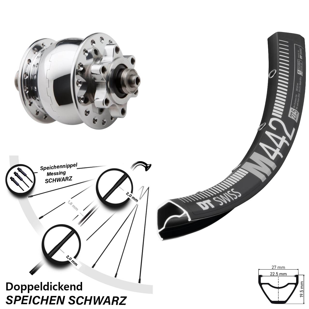Disc Vorderrad mit Nabendynamo 29 Zoll DT Swiss M 442 SON 28 poliert für Schnellspanner