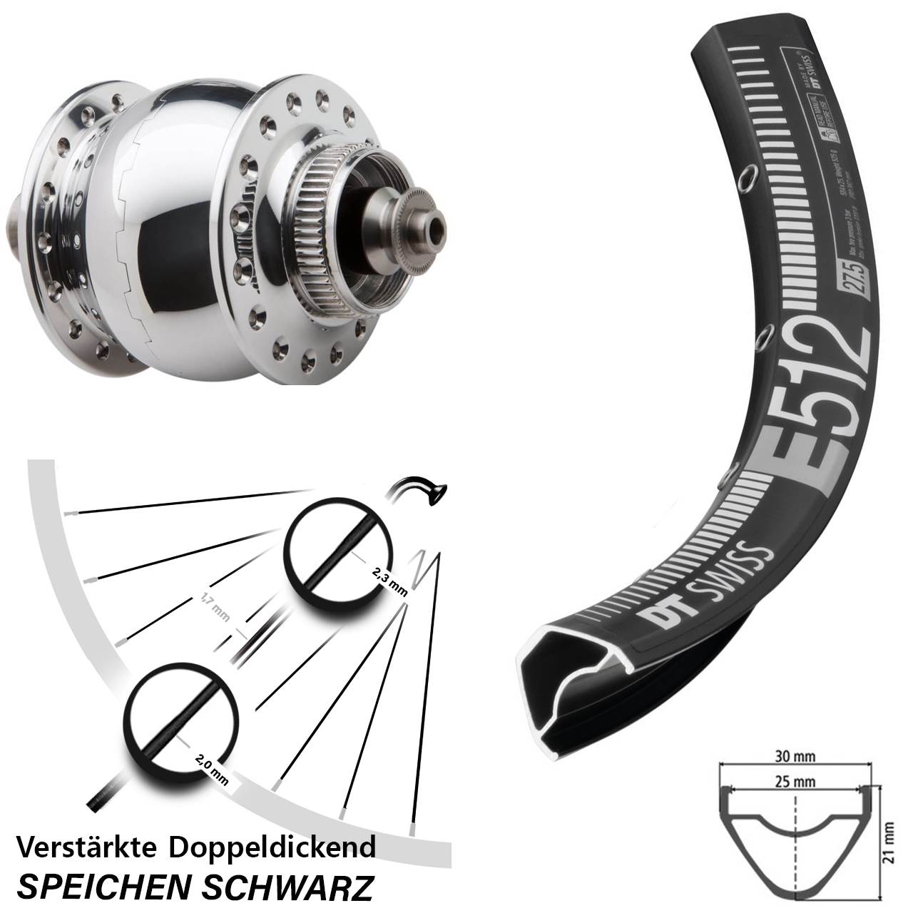 27,5 Zoll DT Swiss E 512 SON 28 poliert Dynamo-Vorderrad Centerlock für Schnellspanner
