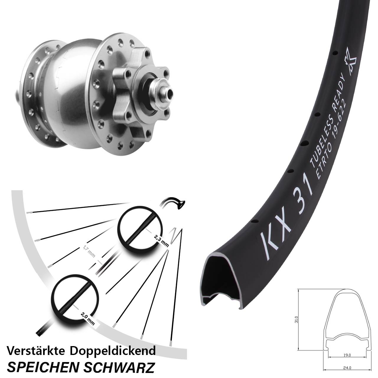 KX 31 SON 28 Zoll Disc Nabendynamolaufrad für Schnellspanner