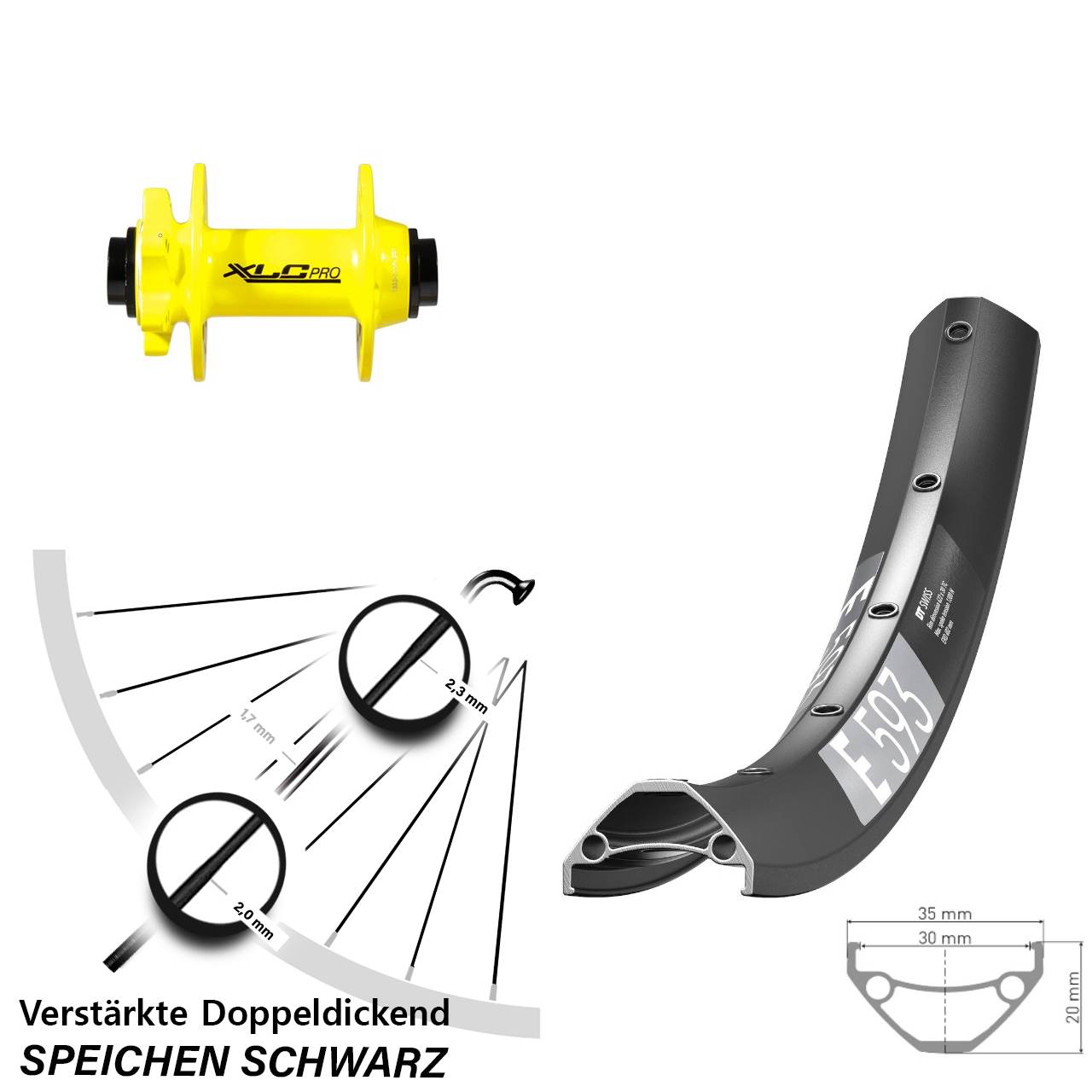 Vorderrad 6-Loch 15x100 27,5 Zoll DT Swiss E593 XLC gelb
