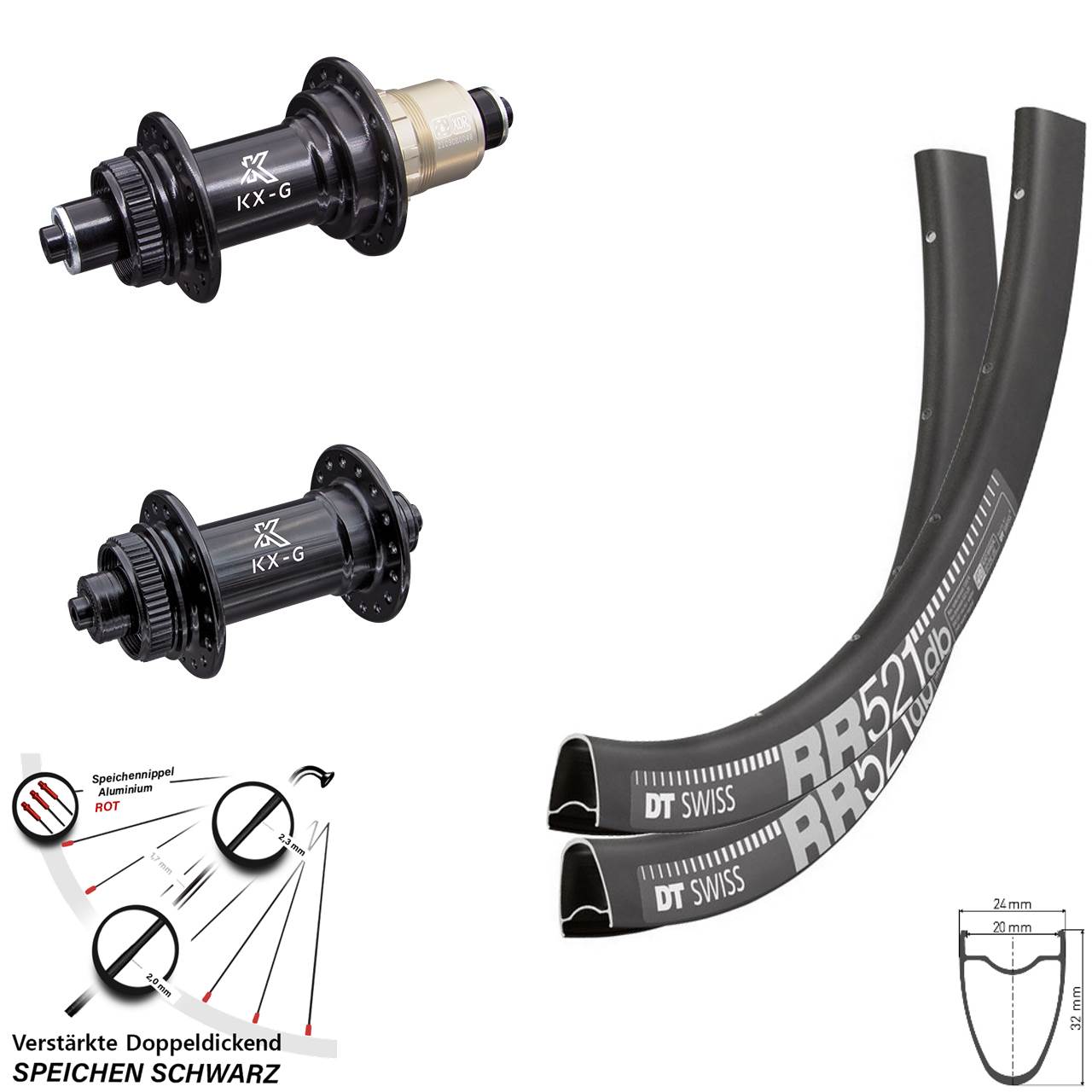 28 Zoll DT Swiss RR521 KX-G Disc Laufradsatz für Schnellspanner SRAM XDR