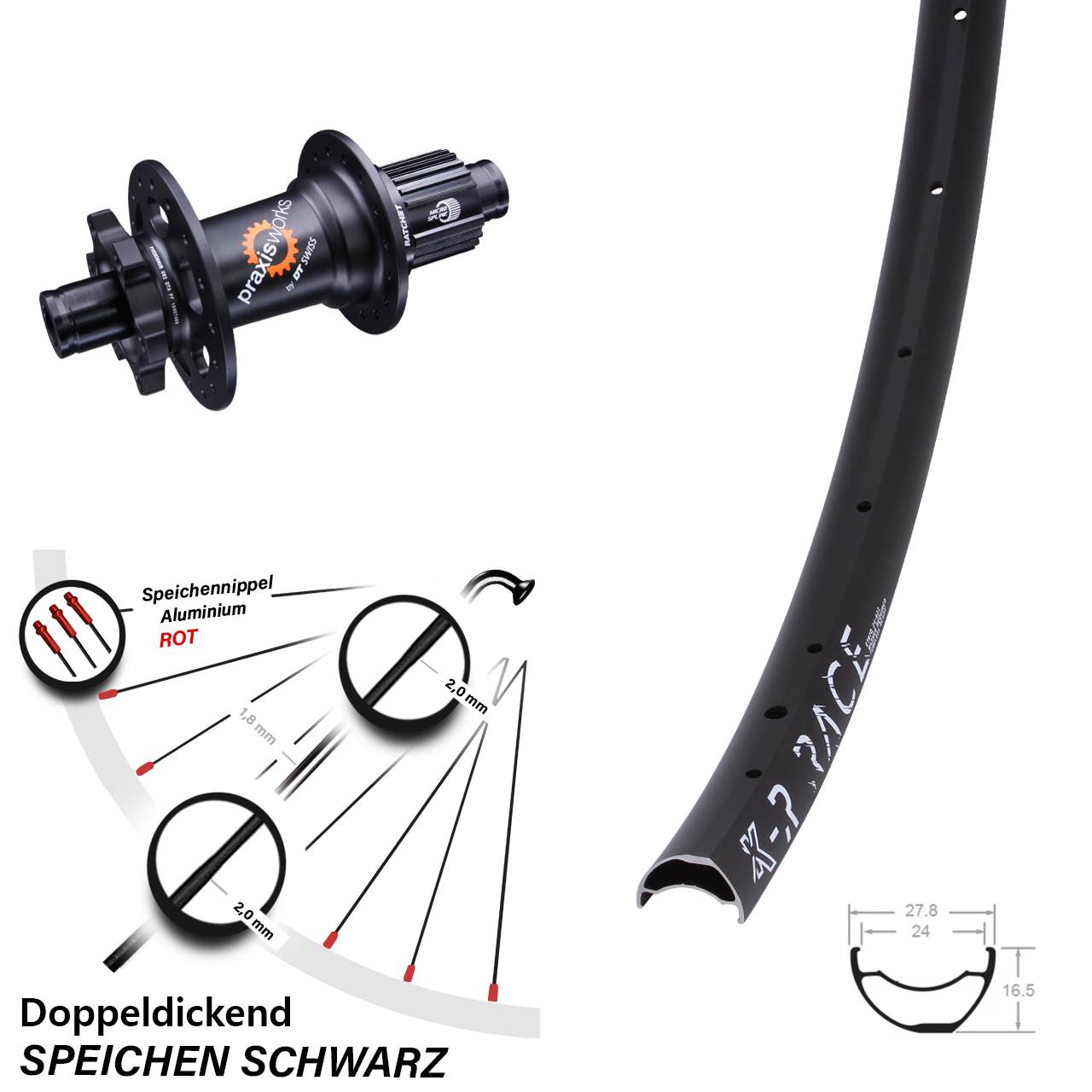 28 Zoll KX-R Race DT Swiss 350 Hinterrad 6-Loch 12x142 Micro Spline