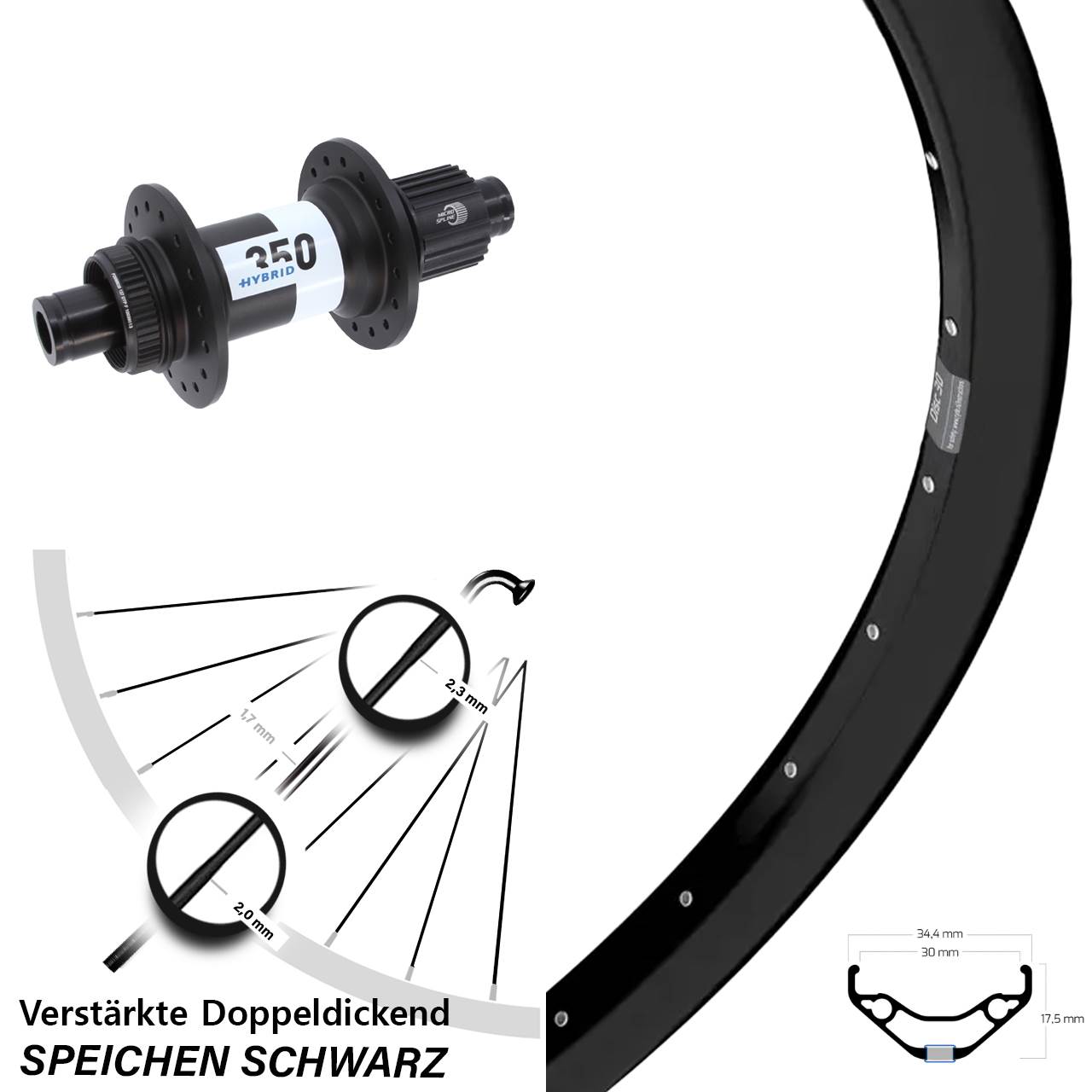 27,5 Zoll Ryde Disc 30 DT Swiss 350 Hybrid Centerlock Hinterrad 12x148 Micro Spline
