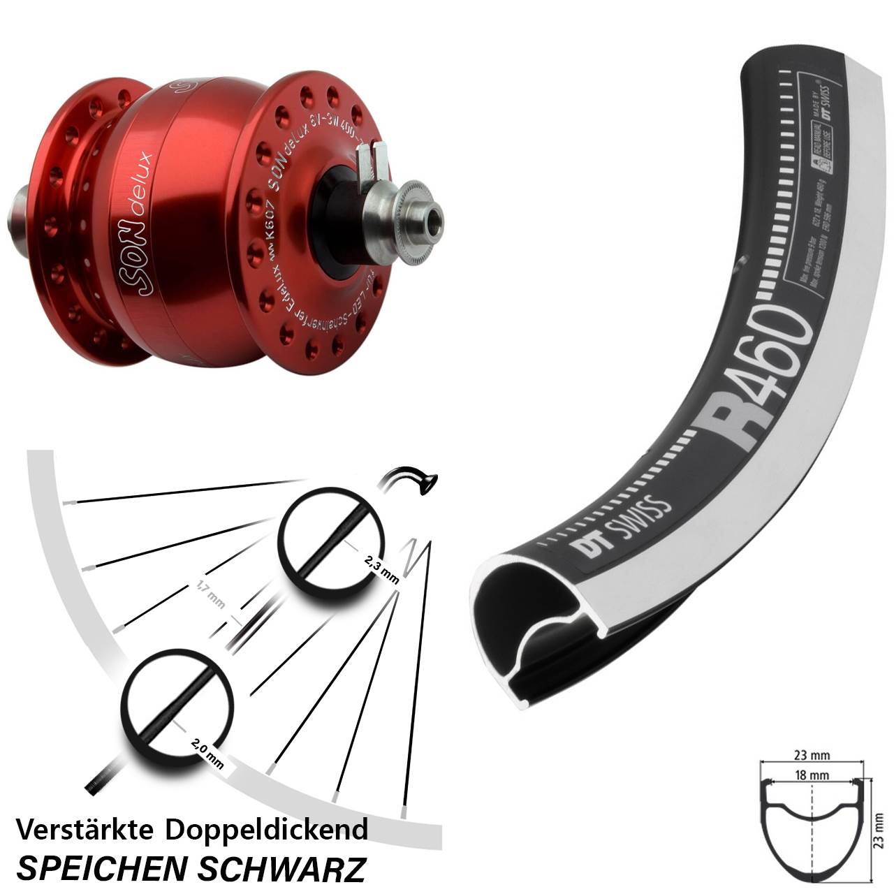Nabendynamo-Vorderrad 28 Zoll DT Swiss R 460 CNC SON delux rot QR