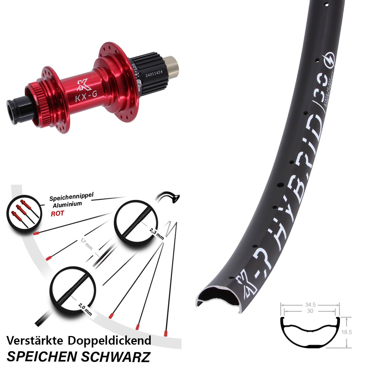 Hinterrad Centerlock 29 Zoll KX-GR Hybrid 30 rot Micro Spline 12x142