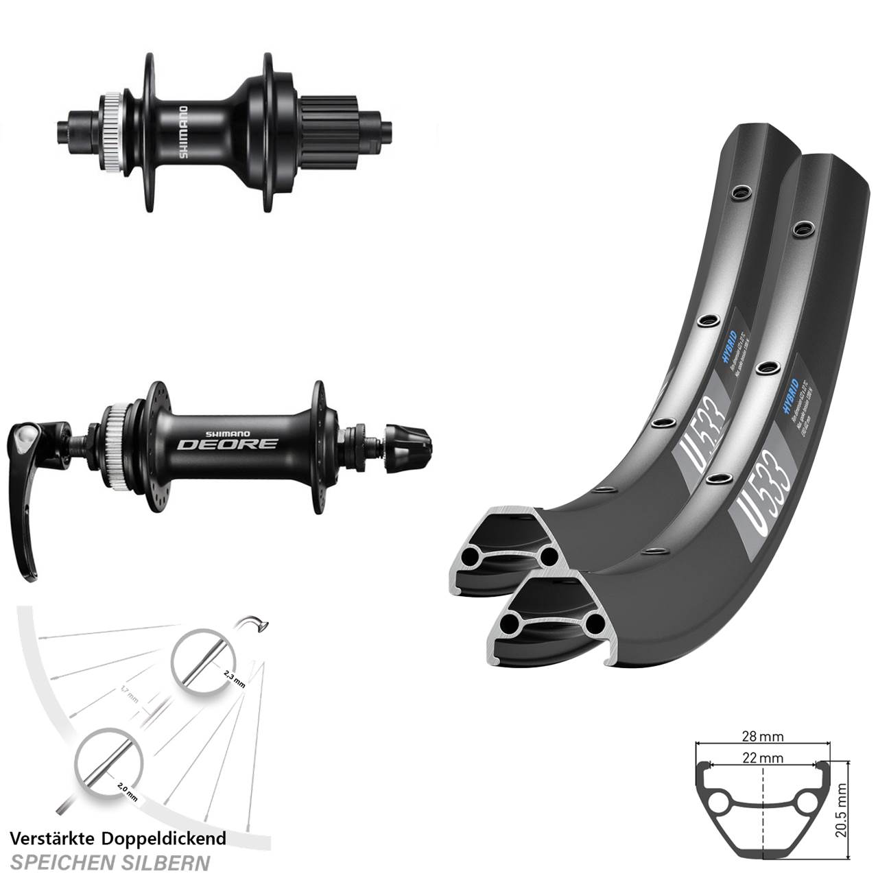 DT Swiss U533 Shimano Deore MT500 26 Zoll Disc Laufradsatz für Schnellspanner Micro Spline