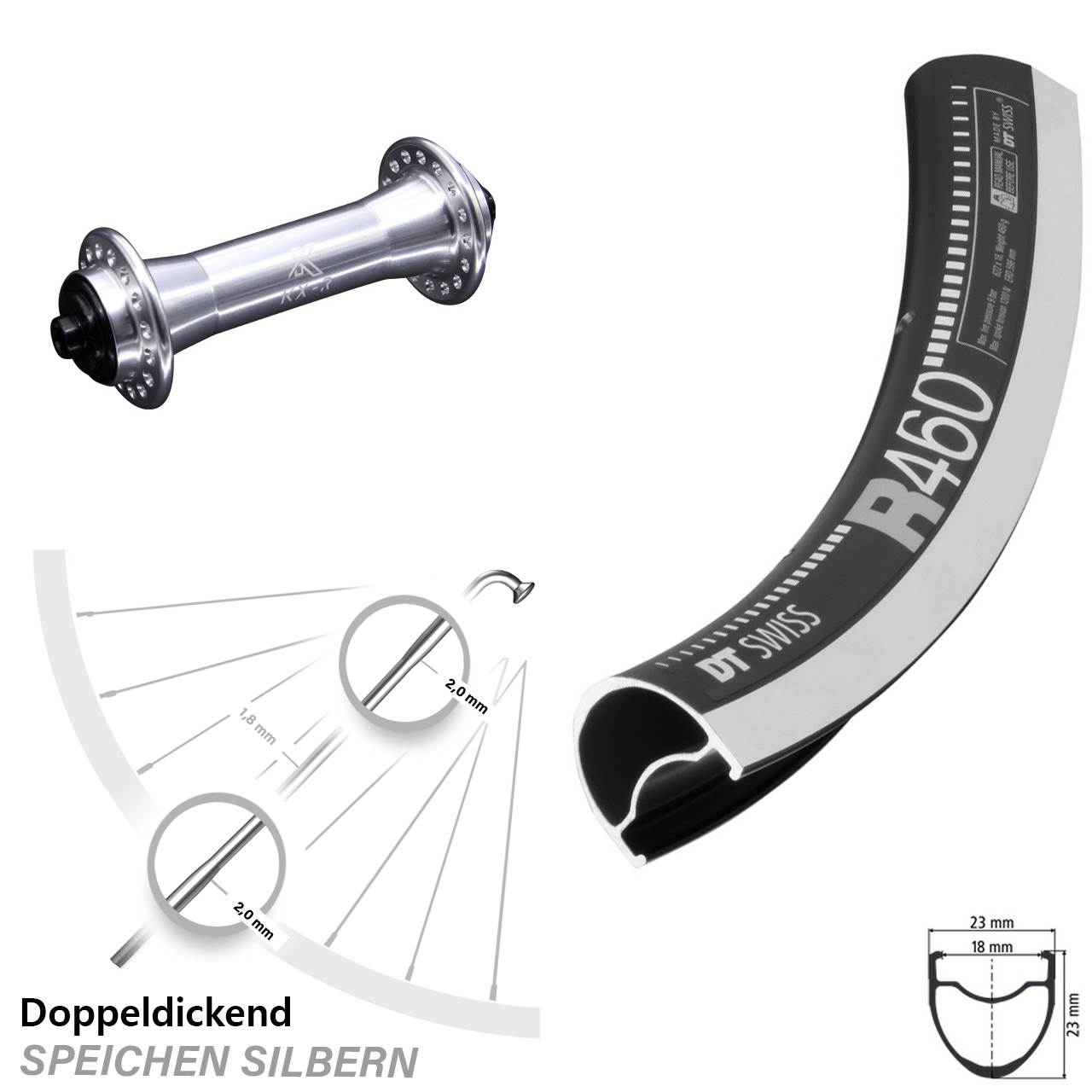 DT Swiss R 460 Vorderrad 28 Zoll KX-R 5x100 mm silbern Schnellspanner Rennrad
