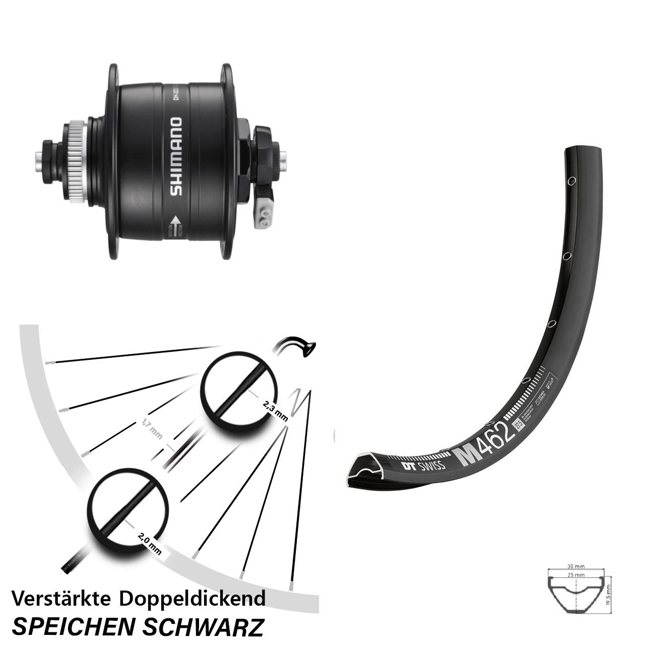 27,5 Zoll DT Swiss M 462 Shimano DH-3D37 Disc Nabendynamovorderrad QR