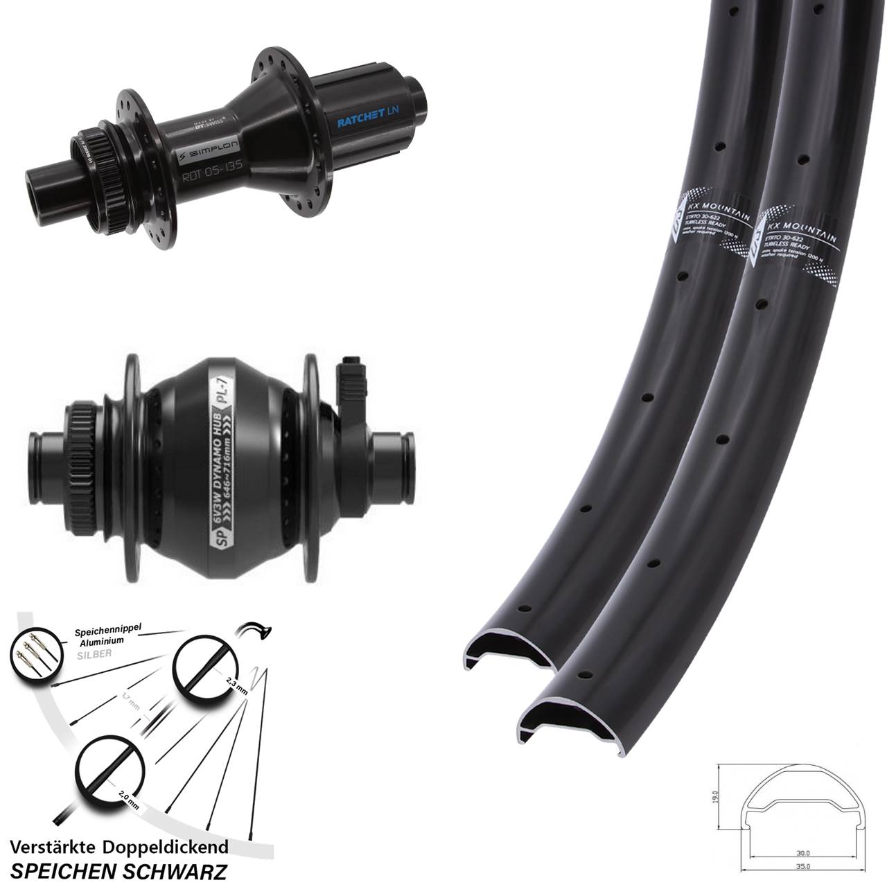 29 Zoll KX Mountain DT Swiss 370 Hybrid SP PL-7 Disc Laufrad-Satz 12x100/142 8-11 fach