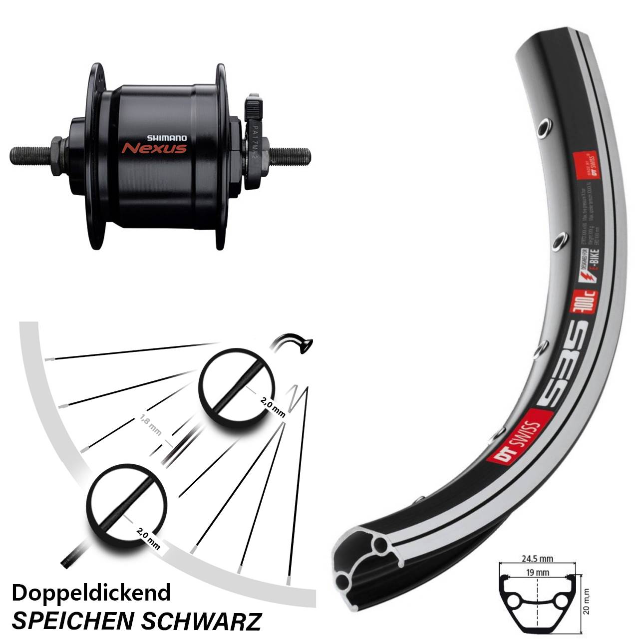 DT Swiss 535 Shimano DH-C3000-3N 26 Zoll Laufrad mit Nabendynamo Vollachse