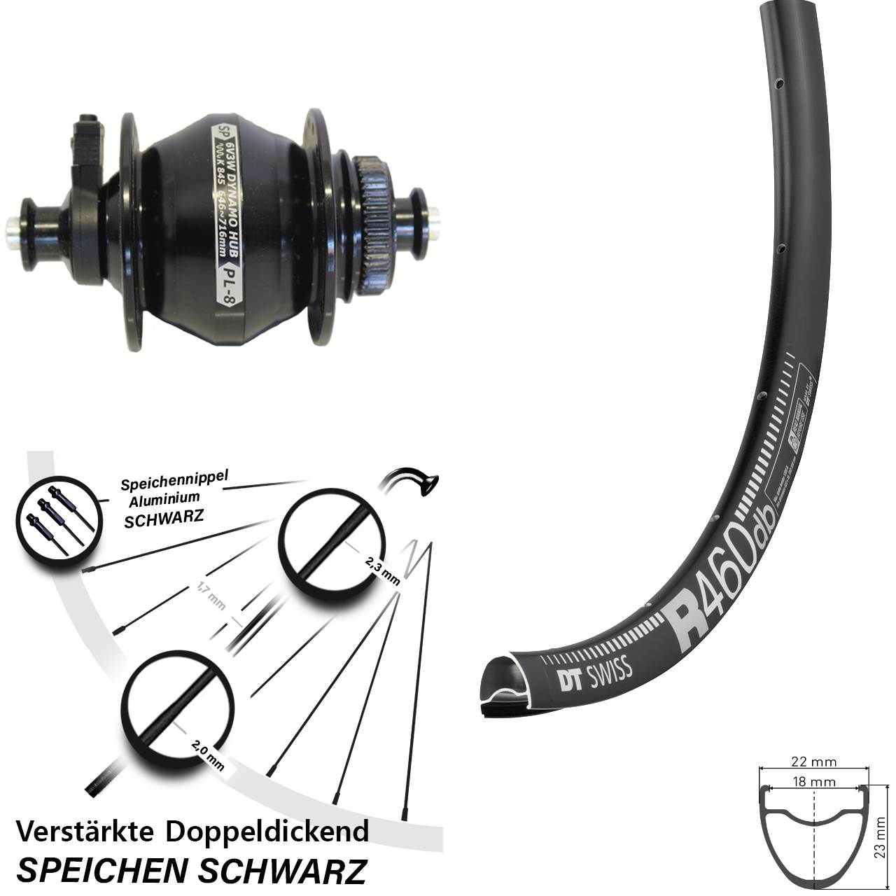 Disc Vorderrad mit Nabendynamo QR 28 Zoll DT Swiss R 460 Shutter Precision PL-8